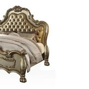 ACME Dresden Queen Bed in Bone Synthetic Leather & Gold Patina
