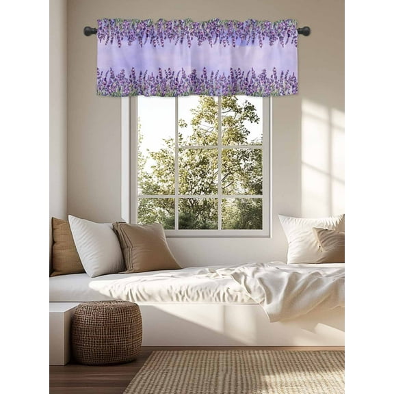 Kitchen Valances for Window, Spring Purple Lavender Light Filtering Rod Pocket Valance Curtain, Rustic Pastoral Flower Leaf  Short Curtains Window Topper for Bedroom Bathroom Living Room 54x18in