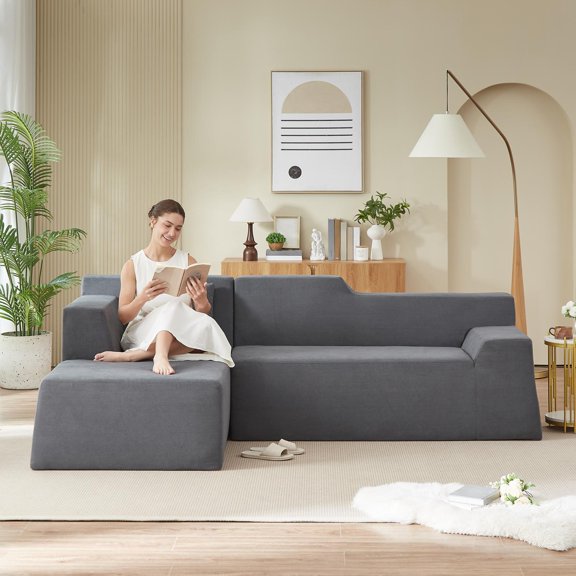 L-Shaped Sofa, Sectional Sofa, High Back Sofa Modern Corduroy Design with Thickened Backrest, Space-Saving Couch for Living Room, Dark Gray, 96.46 Inch