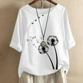 thumbnail image 2 of yoeyez Linen Button Down Shirt Women Summer Short Sleeve T Shirts Crewneck Dandelion Print Loose Tops Casual Comfy T Shirt for Women 2025 White M, 2 of 6