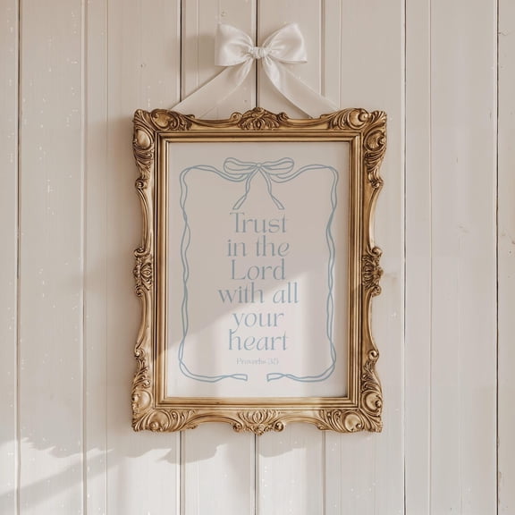 Proverbs 3:5 Bible Quote Christian Dorm Wall Art Blue Preppy Coquette Decor, Unframed Paper Poster 8x10in