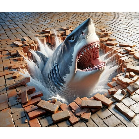 Wall Art Impressions 29x24in Poster Shark breaking through a brick floor [Photopaper]