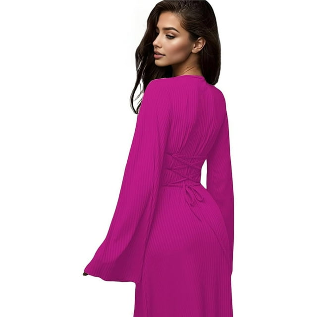 Vestido de Punto Acanalado para Mujer, Acampanada, Ajustado, Holgado e Informal. Rojo Rosa L
