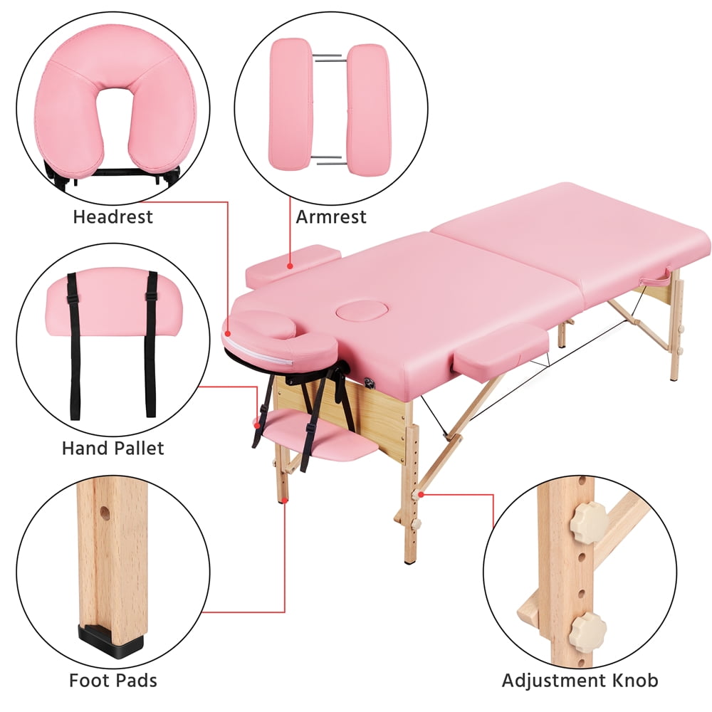Alden Design 2-Fold Portable Wooden Massage Table for Spa Treatments & Tattoos, 84", Pink