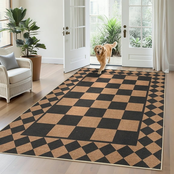 Hasoo Easy Jute Area Rug 9x12 Washable Rug for Living Room Bedroom Checkered Indoor Outdoor Geometric Carpet for Backyard, Black/Brown