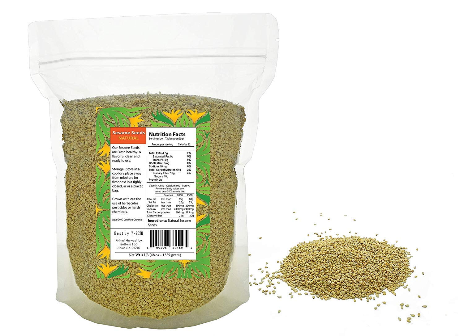 Natural Sesame Seeds Resealable Bags Raw (Unhulled) Non GMO, Raw, Bulk