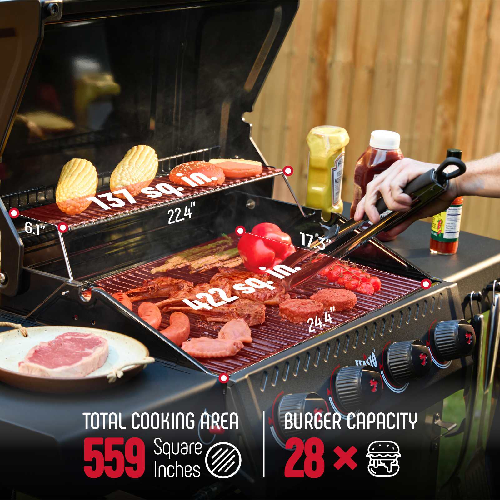 Feasto 4-Burner Propane Gas Grill, Outdoor Grill with 2 Side Tables and Porcelain-Enameled Grates, Black