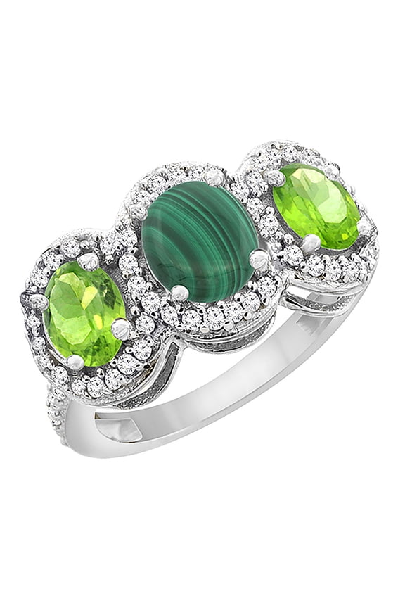 10K White Gold Natural Malachite & Peridot 3-Stone Ring Oval Diamond Accent, size 7.5