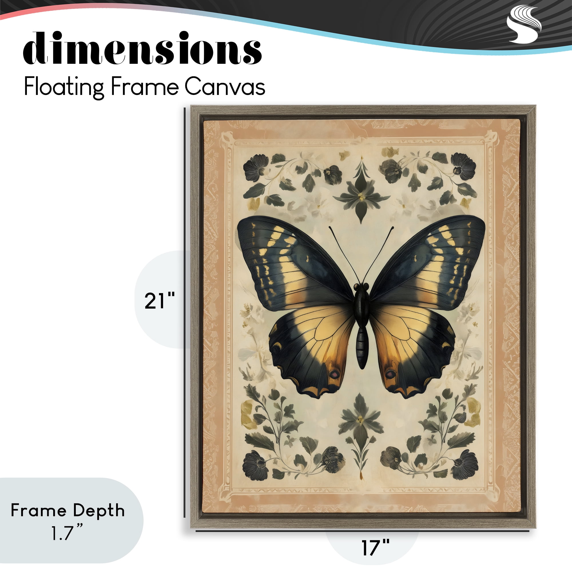 Stupell Industries Vintage Butterfly Botanical Illustration Brown Framed Floater Canvas Wall Art, design by Arlington Prints
