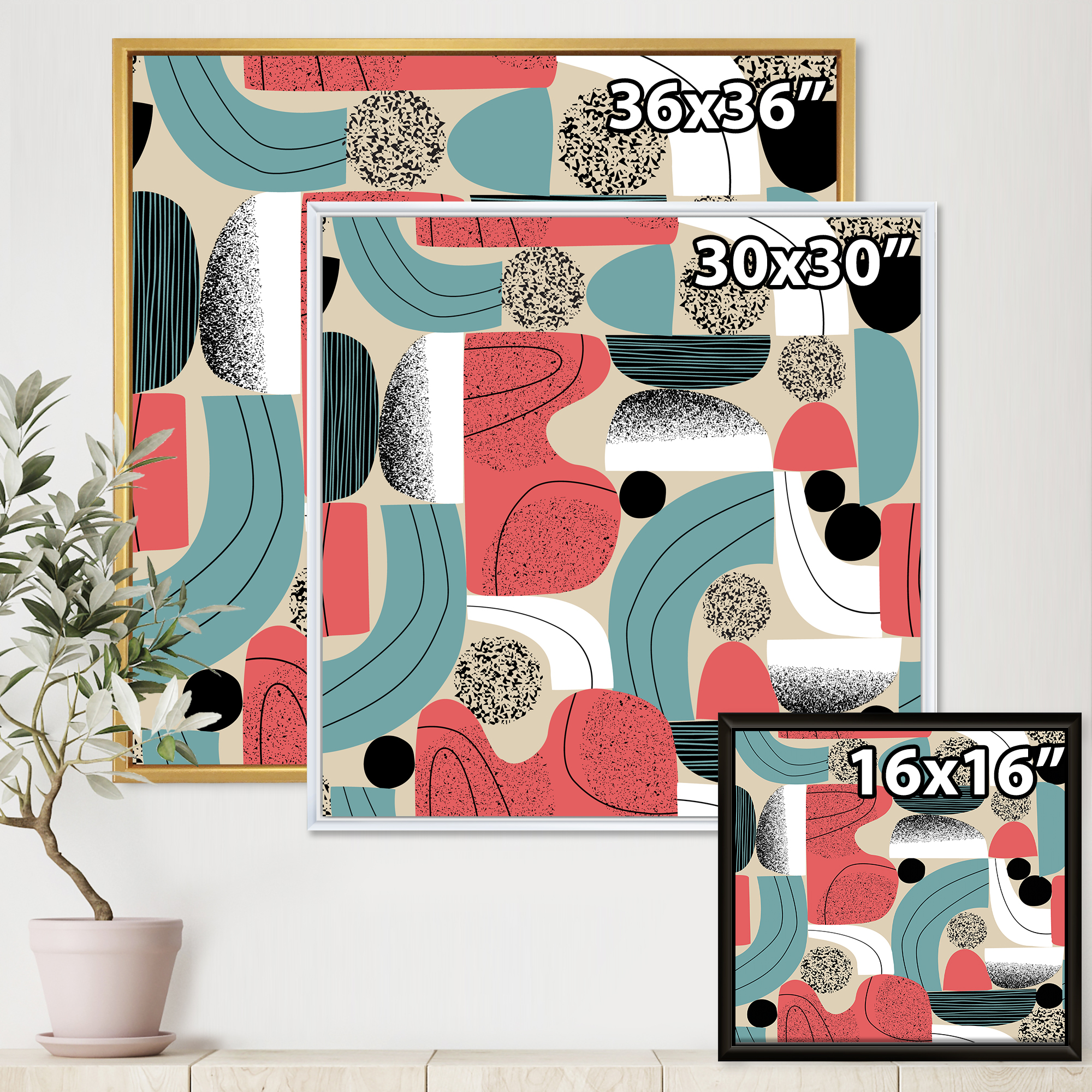 Designart 'Retro Shapes With Abstract Moons and Suns III' Modern Framed Canvas Wall Art Print