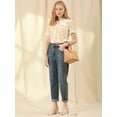 thumbnail image 3 of Blusa de manga corta floral bordada con encaje y cuello Peter Pan para mujer Beige M, 3 of 6
