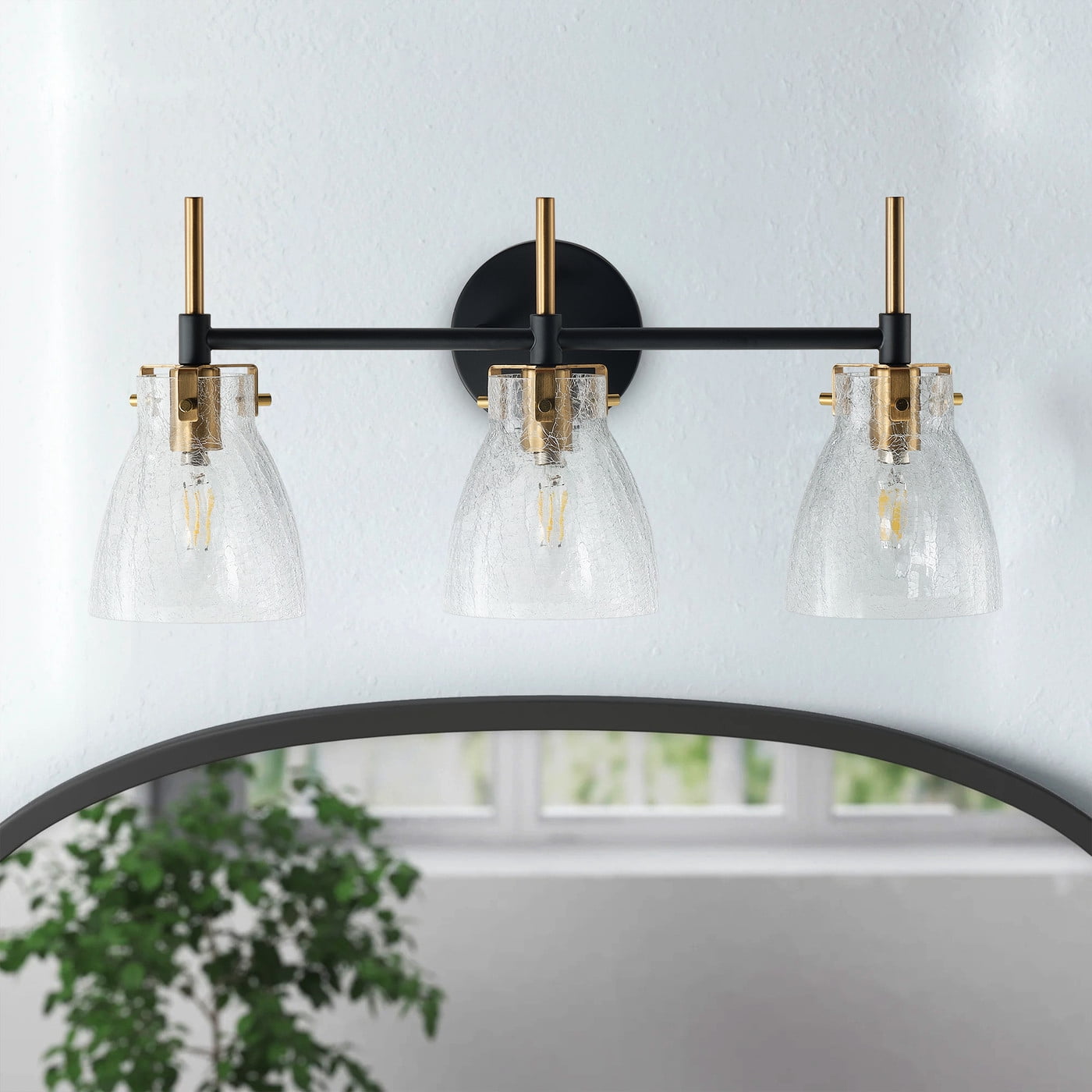 Farmhouse Vanity Light Fixture, Modern 3-Light bathroom Wall Light Over Mirror with Unique Crackle Glass Shade, Vintage Industrial Wall Sconce