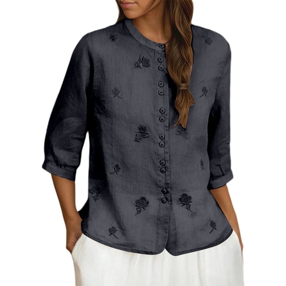 T Shirts for Women Graphic Vintage Stylish Print Crew Neck 3/4 Length Sleeve Lightweight Button Up Linen Blend Shirt Top Women Graphic Tees Navy L