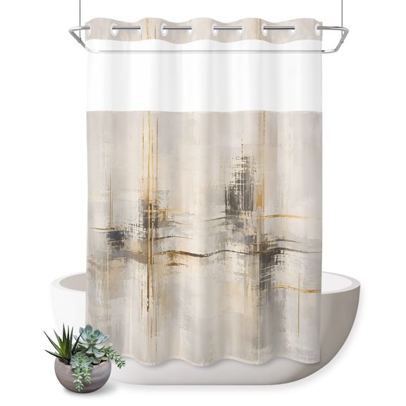 No Hook Shower Curtain, Contemporary Yellow Grey Shower Curtains for Bathroom with See Through Top Window, Modern Artistic Abstract Waterproof & Washable Bath Curtain Extra Long 72"x84"