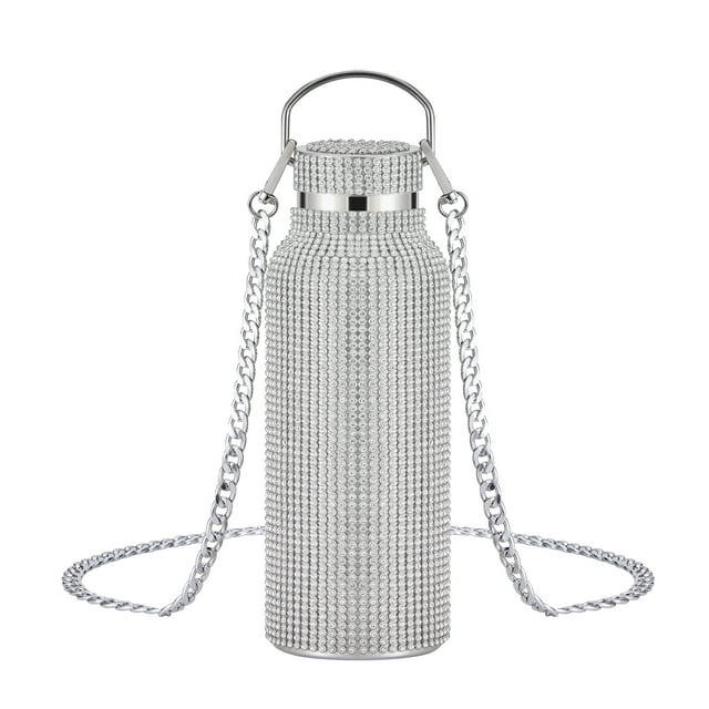 Kmbangi Diamond Water Bottle Bling Rhinestones Stainless Steel Thermal Bottle Refillable Insulated Water Bottle with Chain