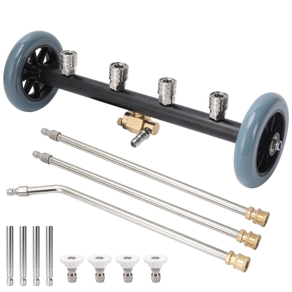 3-in-1 Pressure Washer Undercarriage Cleaner, 16" Water Broom Attachment with Wheels, 3 Extension Wands, 8 Nozzles, Quick Connect, for Car Chassis, Driveway and Patio Cleaning