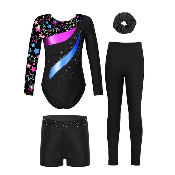 TSSOE Gymnastics Leotard for Girls Long Sleeve Jumpsuit with Shorts Leggings Hair Band Set Gymnastics Athletic Outfit Star Black 8