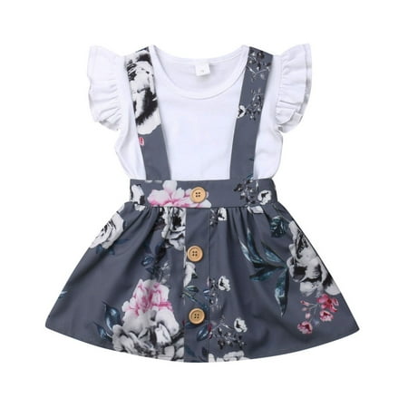 Ruffled Onesies (Newborn Toddler Baby Girls Outfit Set Ruffled Romper Bodysuit Playsuit + Floral Tutu Suspender)
