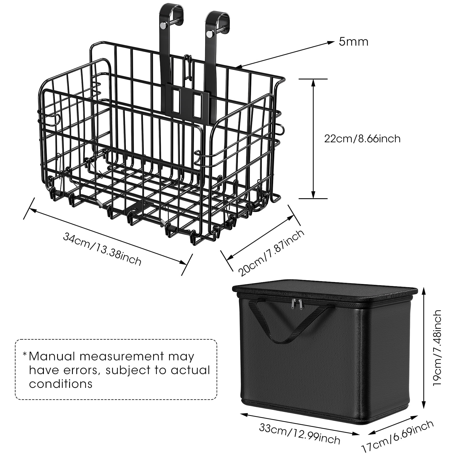 Bike Basket Front, Folding Bicycle Basket with Removable Waterproof Liner Bag, Rear Bike Cargo Rack, Bike Baskets for Adult Bikes Carrying Dogs,Pet,Grocery,Quick Release Design