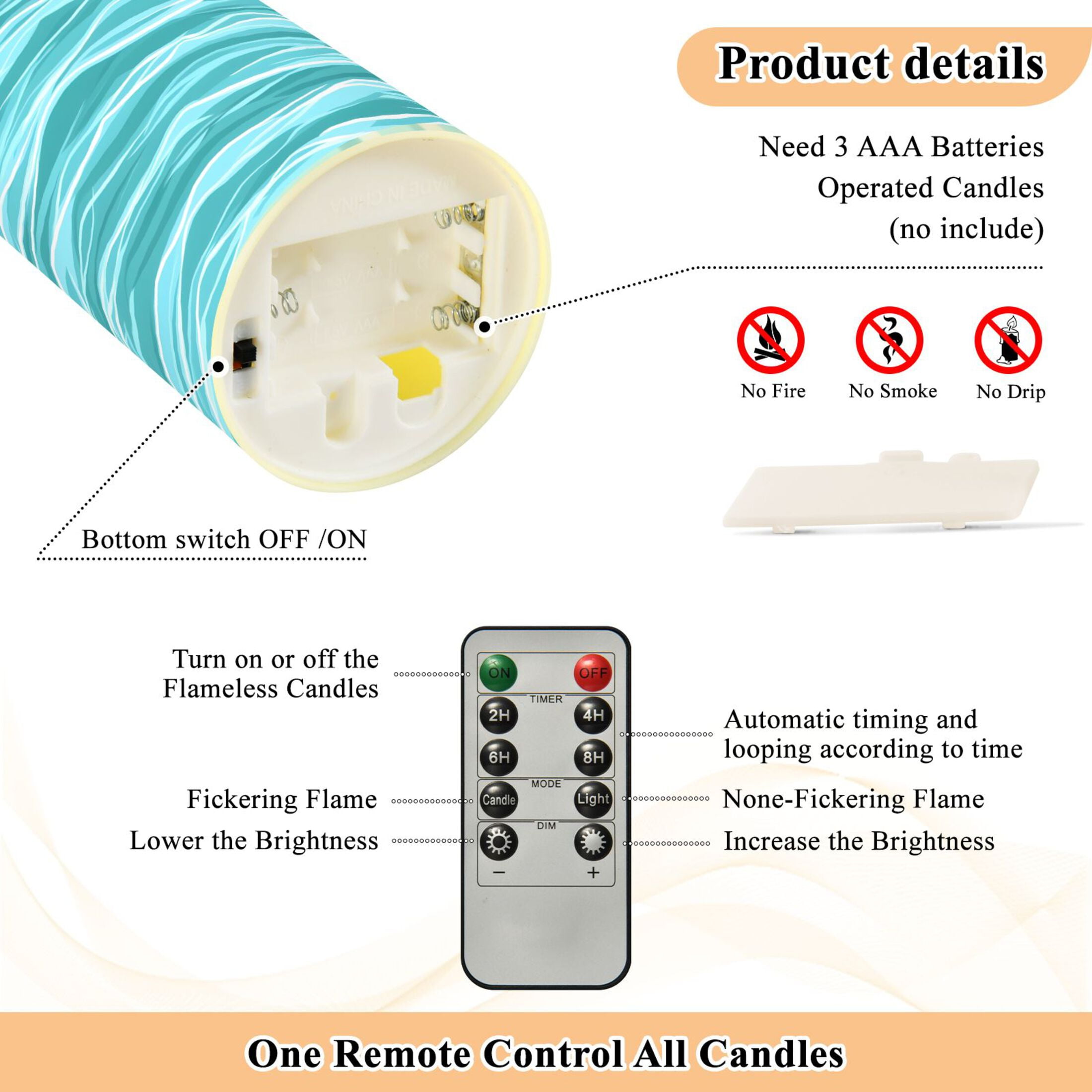 Teal Ocean Flameless Candles 2 PCS with Remote Realistic Moving Flame LED Tapered Pillar Set for Home Decor