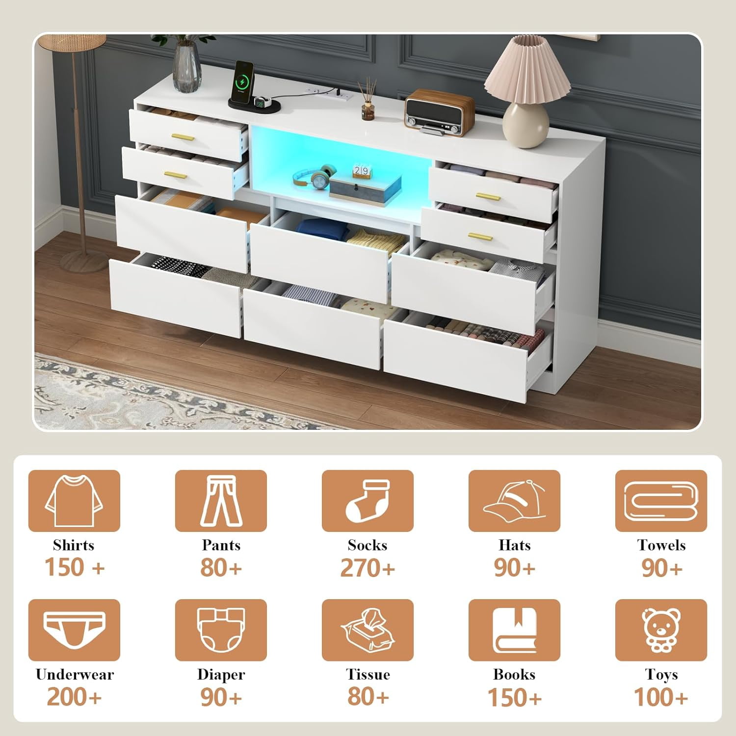 10-Drawer White Dresser with Charging Station and LED Lights, 58" Triple Wide TV Stand for TVs up to 65", Large Organizer with Open Cubby – STIKELY