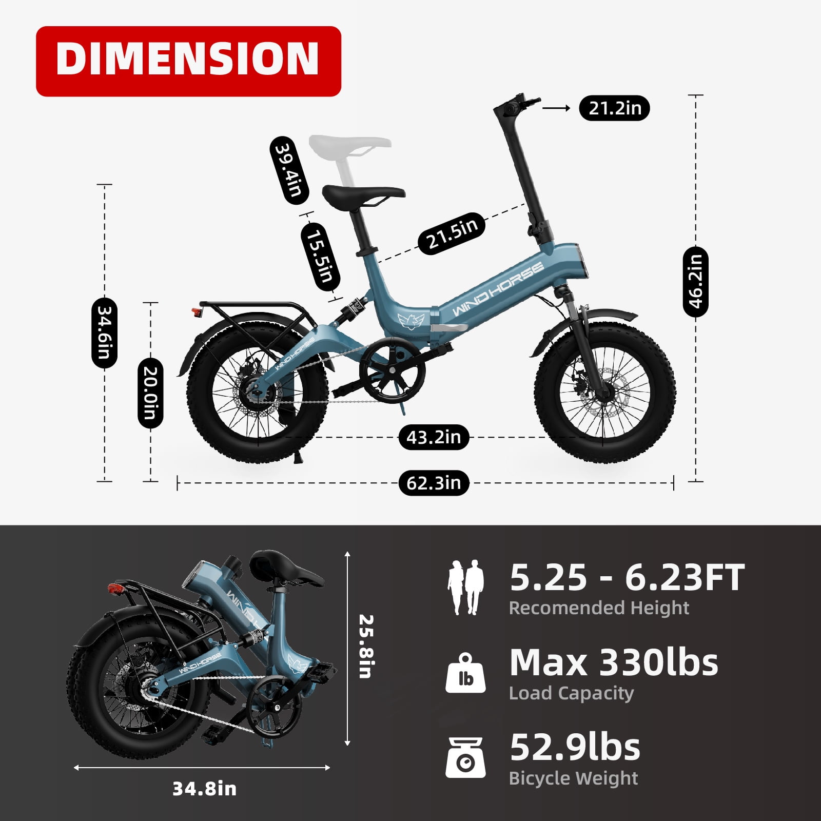 Windhorse W1-BLU City VoltRide Foldable Electric Bike for Adults (Blue)