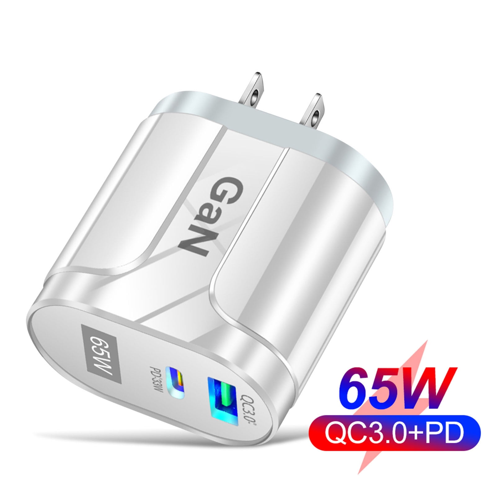 PD USB-C QC3.0 Dual Port Wall Charger,US Plug, 65W Total Fast Charging Power, Compact Travel Type C Fast Charging for Smart Phones Tablets Digital Devices