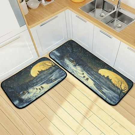 

Wobogo Winter Village Scenery Kitchen Carpet Set of 2 Absorbent and Stain Resistant Non-slip Star Rubber Backing