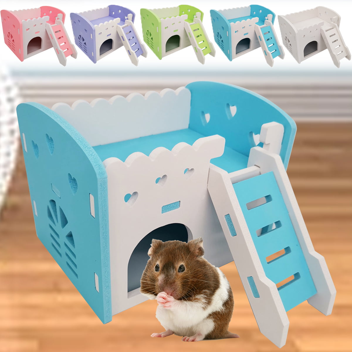Pet Small Animal Hideout Hamster House Deluxe Villa Wooden Hut Set of 2 
