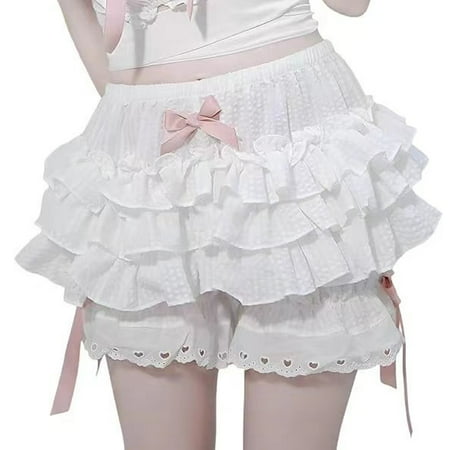 Women Multi-Layer Frilly Lace Ruffle Shorts Satin Bow Knicker Panty Burlesque Bloomers Dance Shorts