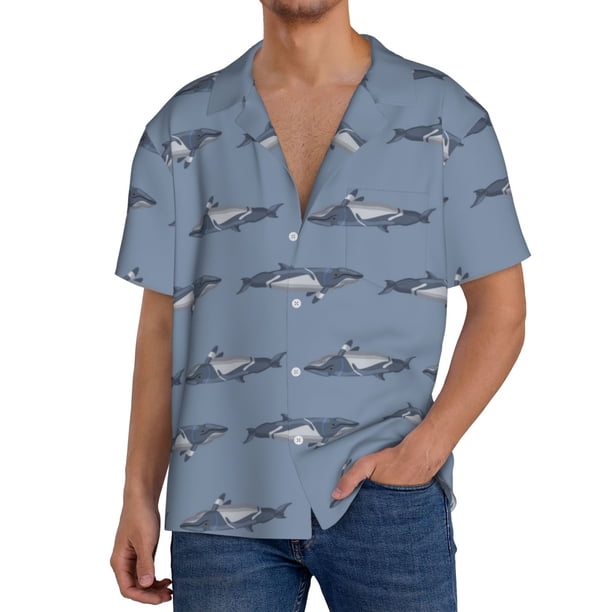 Balery Cute Whale Camisa Casual de Manga Corta con Botones para Hombre, Texturizada, Estilo Cubano, para Playa, Verano-3X-Large