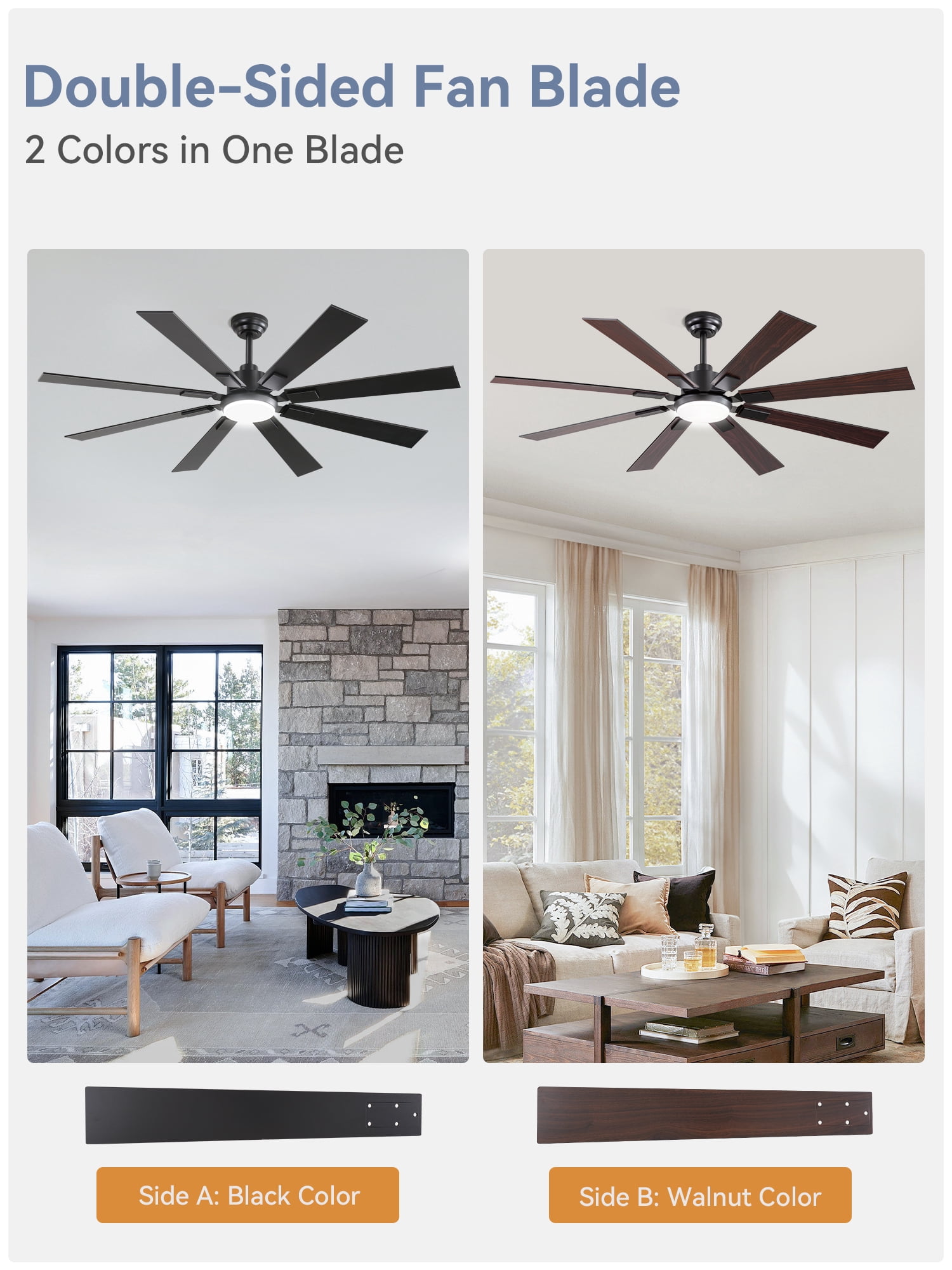 Zardon 62 inch Ceiling Fan with Light and Remote Control - Quiet DC Motor, 6 Speeds, Dual Finish Blades for Indoor Use - Black