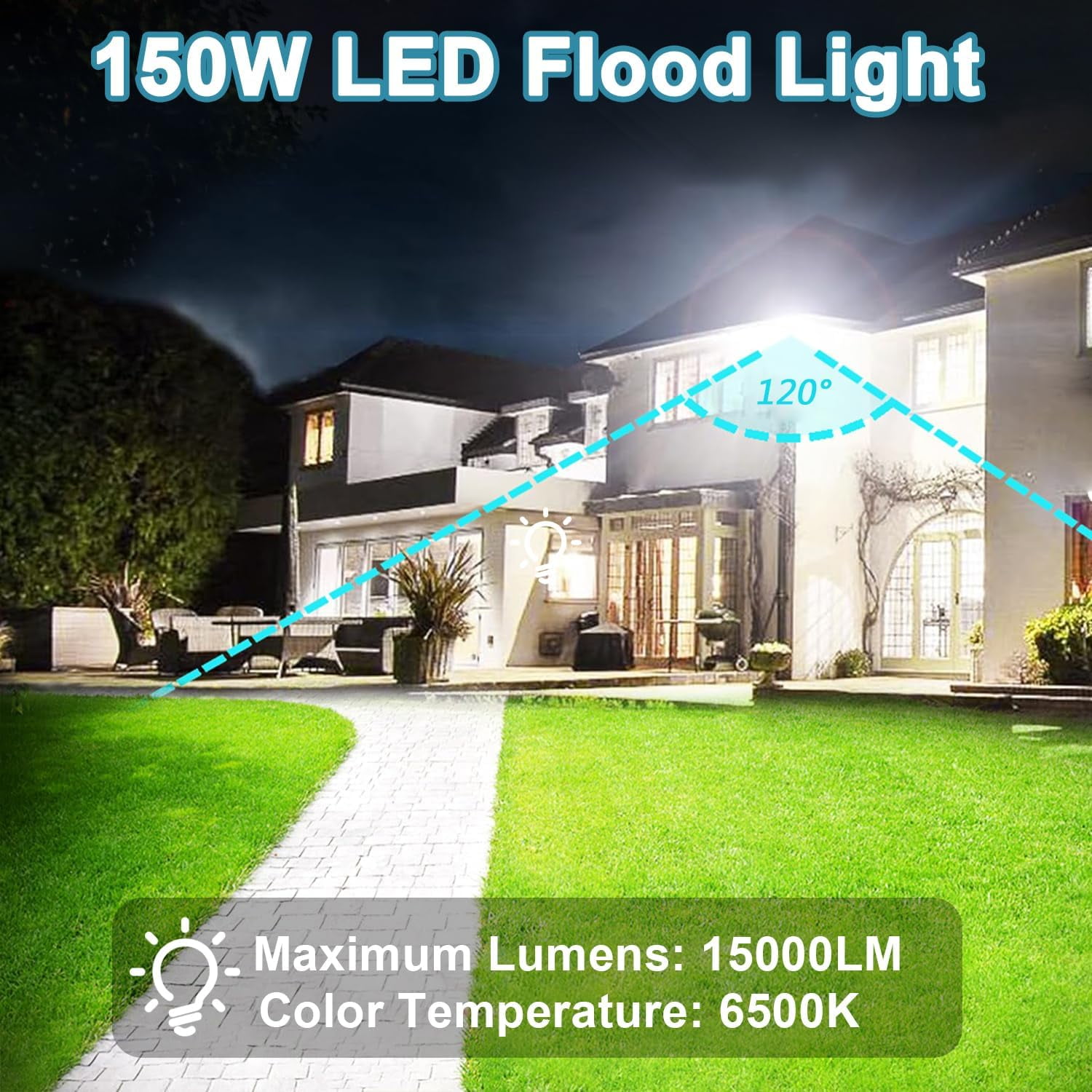 LED Flood Lights Outdoor, 2 Pack 150W 15000LM Bright Floodlight Outside Work Light with Plug, IP66 Waterproof 6500K Outdoor LED Flood Light for Garage, Yard, Lawn, Garden