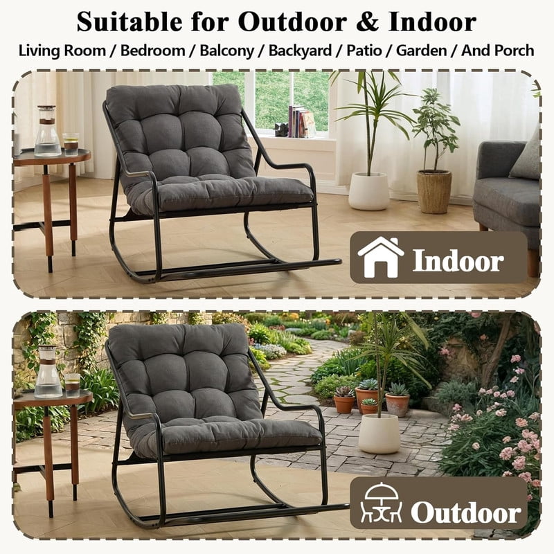 Outdoor Rocking Chair, Papasan Rocking Chair with Metal Frame, Comfy Rocker Lounge Chair for Living Room Porch Patio Garden