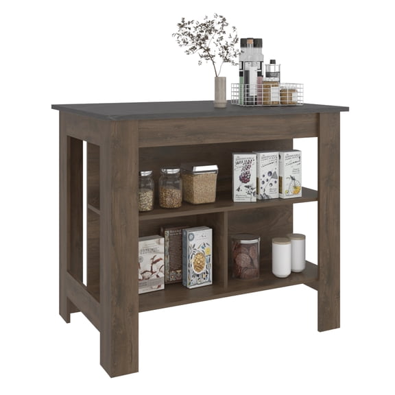 TUHOME Cala Kitchen Island with Antimicrobial Tabletop & 3 Open Shelves, Seating Workstation