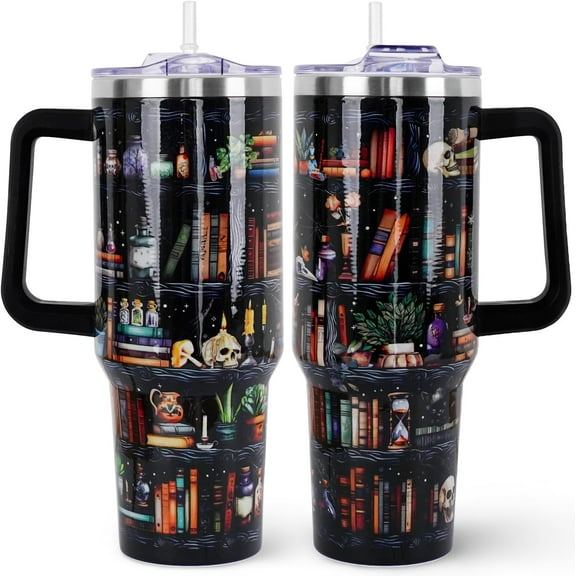 Book Lovers Gifts 40oz Tumbler with Handle and Straw Lid,Vacuum Insulated Leak Proof Tumbler bookish gifts for Women Readers Librarian,Book Accessories Stainless Steel Travel Mug,Skull Bookshelf