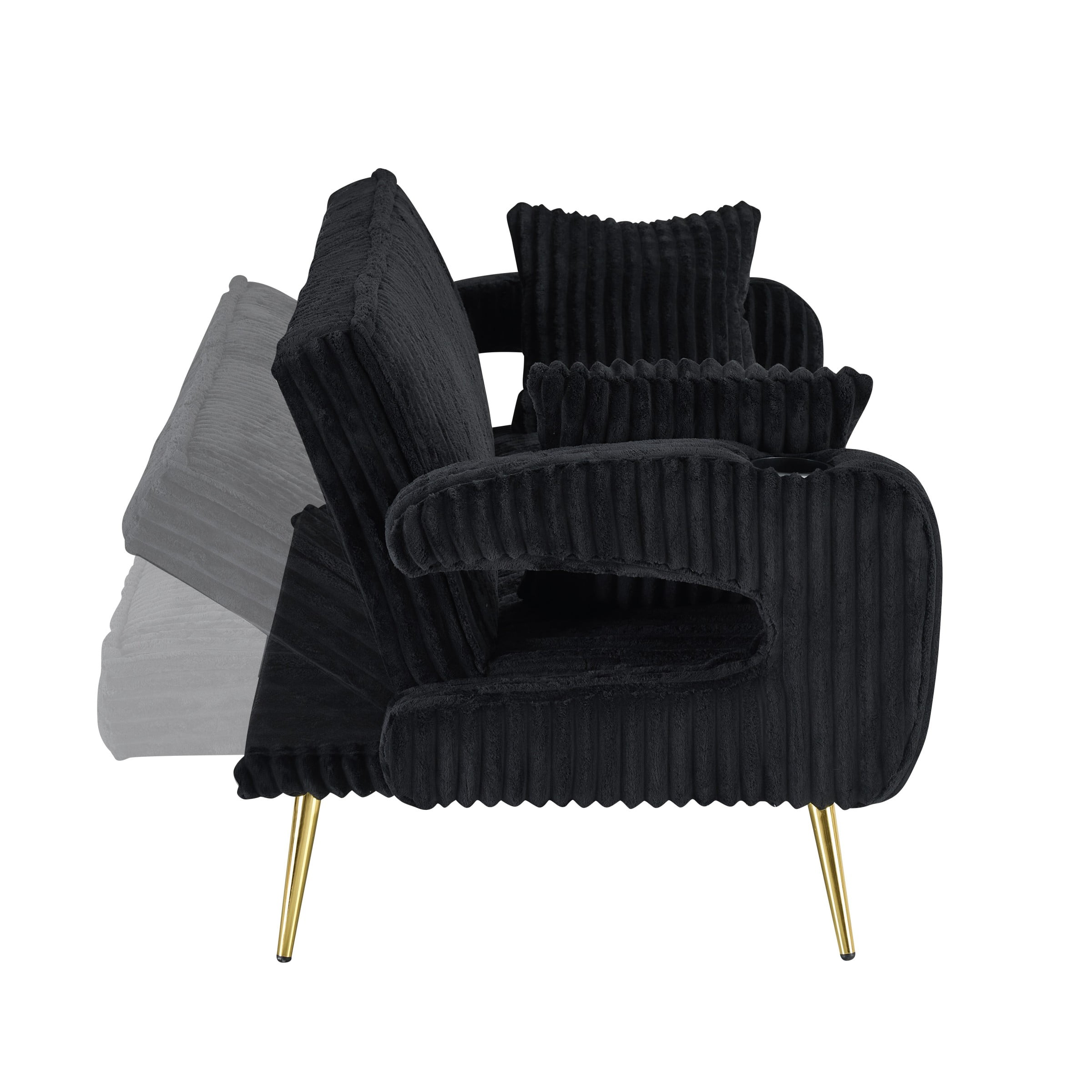 Corduroy Futon Sofa Bed with Pillows,74 inch Modern Convertible Loveseat Sleeper Bed with Adjustable Backrest for Living Room,Black
