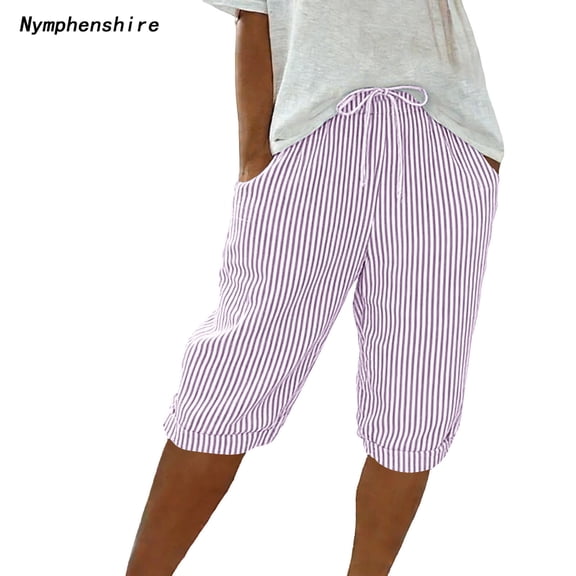Nymphenshire Womens Bermuda Shorts Striped Elastic Waist Linen Shorts Knee Length Loose Fit Casual Summer Beach Shorts with Pockets Purple
