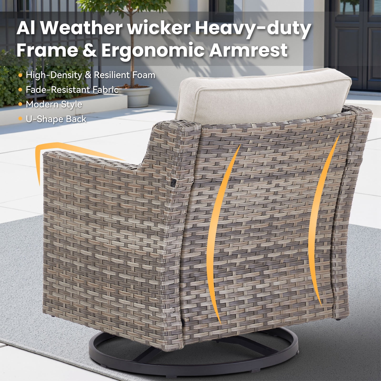 Hommoo 2-Piece Outdoor Patio Swivel Rocker Chairs, Patio Gray Wicker Furniture Swivel Chairs Set with Cushion, for Porch, Poolside, Deck, and Yard, Beige