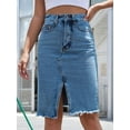 thumbnail image 2 of Women'S High Waisted Split Front Raw Hem Bodycon Midi Denim Skirt Medium Blue M, 2 of 7