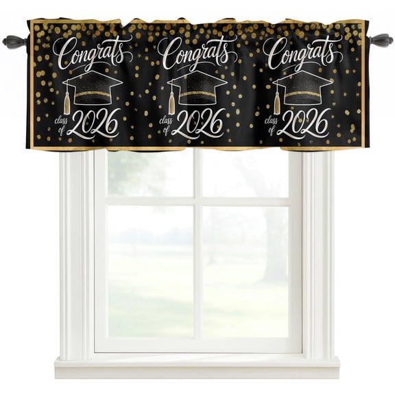 Graduation Rod Pocket Curtain Valance, Abstract Polka Dot Black Graduation Cap Farmhouse Window Valance for Living Room, Bedroom, Kitchen 42"W x 12"L