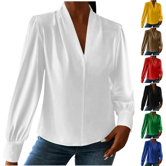 YHAJDS Womens Long Sleeve Tops Spring Summer Satin Ruffled Lightweight Work Daily Blouse