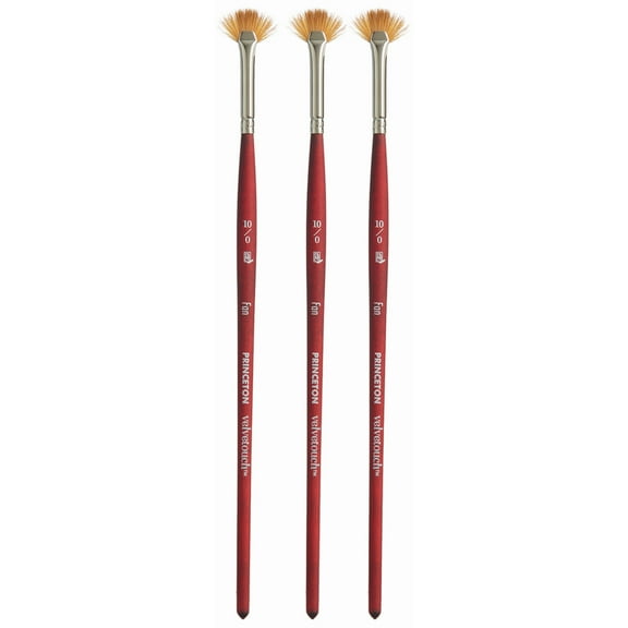 Princeton Velvetouch Fan Brush, Synthetic Bristles, Short Handle Mixed Media Paintbrush, Scarlet, Size 10/0, Pack of 3