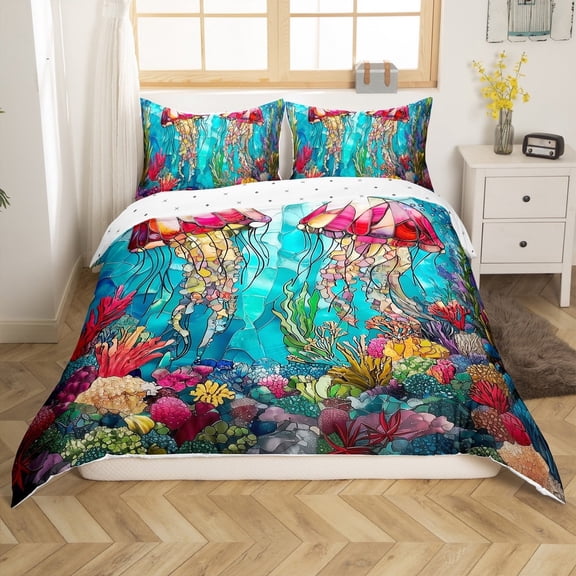 Erosebridal Marine Jellyfish Comforter Cover Twin,Underwater World Bedding Twin Size,Peincess Bedroom Decor,Reversible,2-Piece(No Comforter)