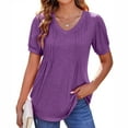 thumbnail image 4 of Jewelreauty Womens Pleated Short Sleeve Shirts Casual V Neck Puff Sleeve Tunic Tops Summer Loose Blouses (S, Purple), 4 of 9