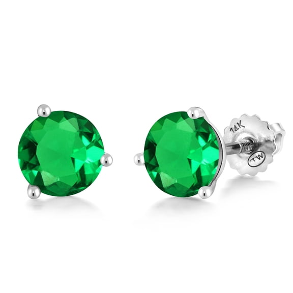 Gem Stone King 14K White Gold Green Simulated Emerald Martini Stud Earrings for Women Men (2.44 Cttw, Round 7MM)