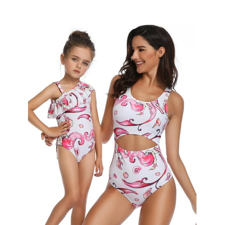 Family Matching One-piece Swimming Costume Hollow Out Swimsuit Swimwear Kid Girl Women Beachwear Bathing Suit Floral Print