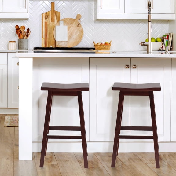 CL.HPAHKL Kitchen Bar Stools Set of 2, 30 Inch Counter Height Stools Backless Barstools with Footrest Countertop Solid Wooden Saddle Seats for Breakfast Bar, Kitchen Island, Party Room, Brown