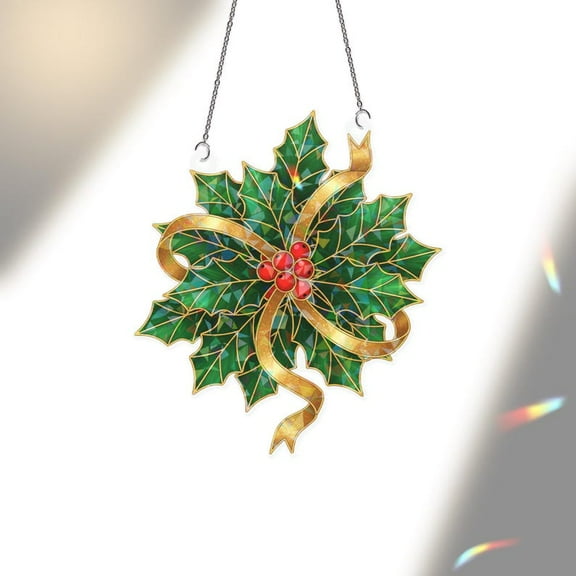 ViciArt Holographic Holly Leaves Acrylic Suncatcher – Christmas Window Hanging, Holiday Decor Ornament