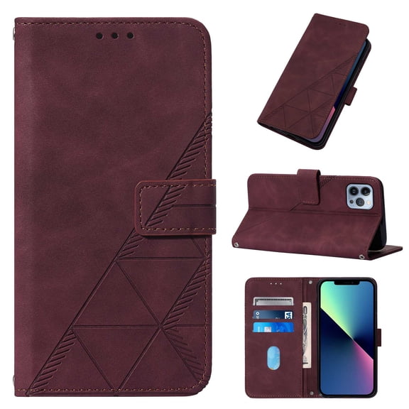 Embossed Wallet Case for iPhone 14 Pro Max, Magnetic Clasp Card Slots Holder Luxury Business PU Leather Flip Folio Cover with Kickstand Wireless Charging Case for iPhone 14 Pro Max, Winered